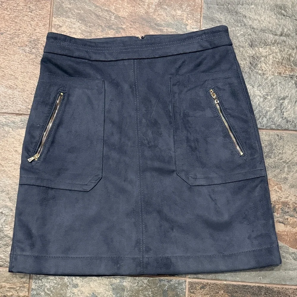 LOFT Dark Blue Suede Mini Skirt with Zipper Details - Picture 1 of 6